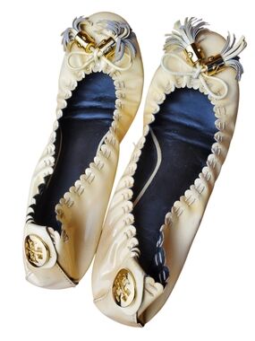 Tory Burch Yellow Reese Tassel Ballet Flats Patent Leather Logo Scrunch Sz 8.5